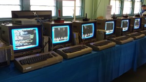 A series of Commodore 64 computers connected together via network to play multiplayer games.
